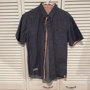 7 diamonds, size M, button up, navy with red stars, salmon lining